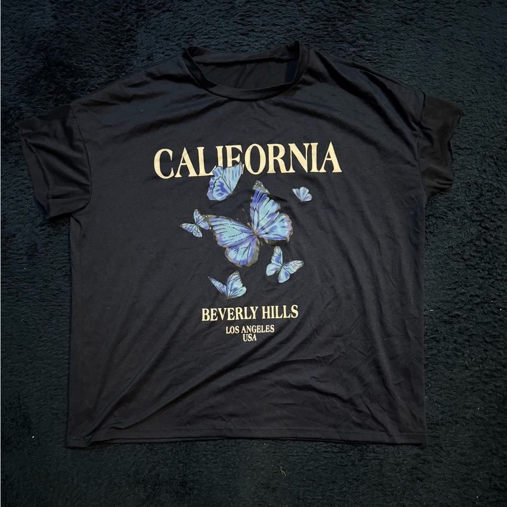 Navy T-Shirt with Blue Butterfly Print